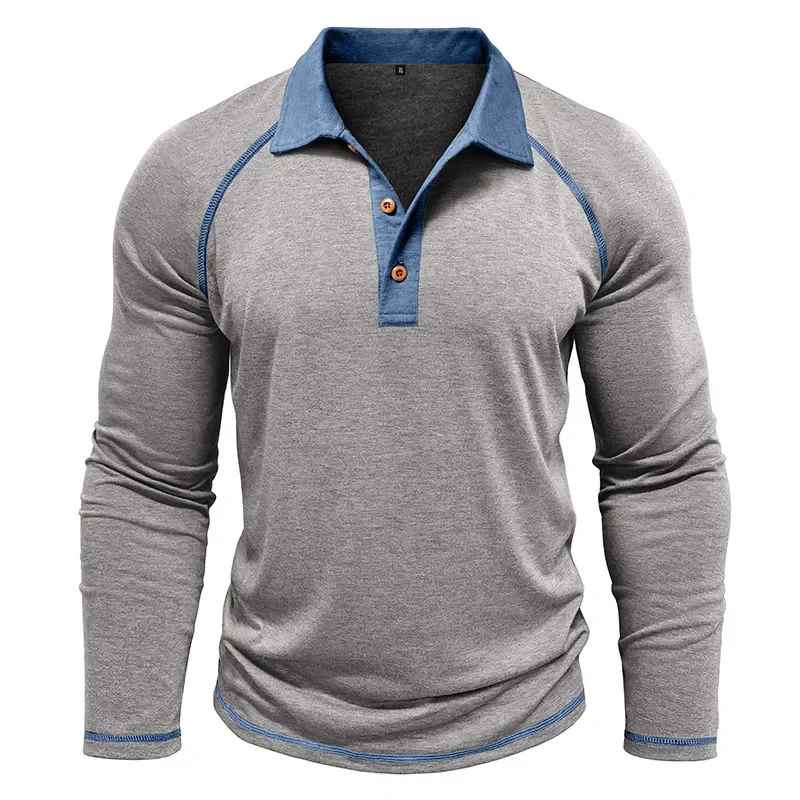 Men’s Colour Block Long-Sleeve Henley Shirt – Breathable Autumn Casual Wear