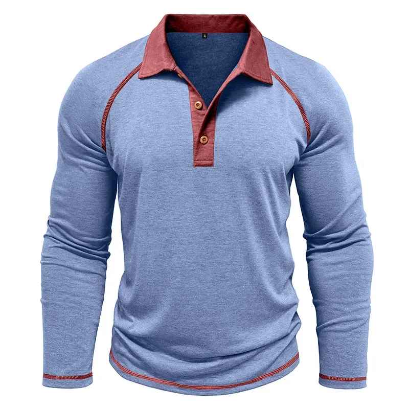 Men’s Colour Block Long-Sleeve Henley Shirt – Breathable Autumn Casual Wear