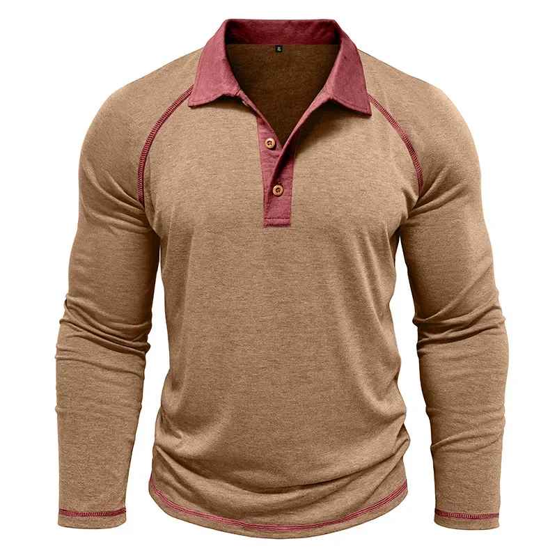 Men’s Colour Block Long-Sleeve Henley Shirt – Breathable Autumn Casual Wear