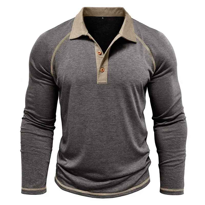 Men’s Colour Block Long-Sleeve Henley Shirt – Breathable Autumn Casual Wear