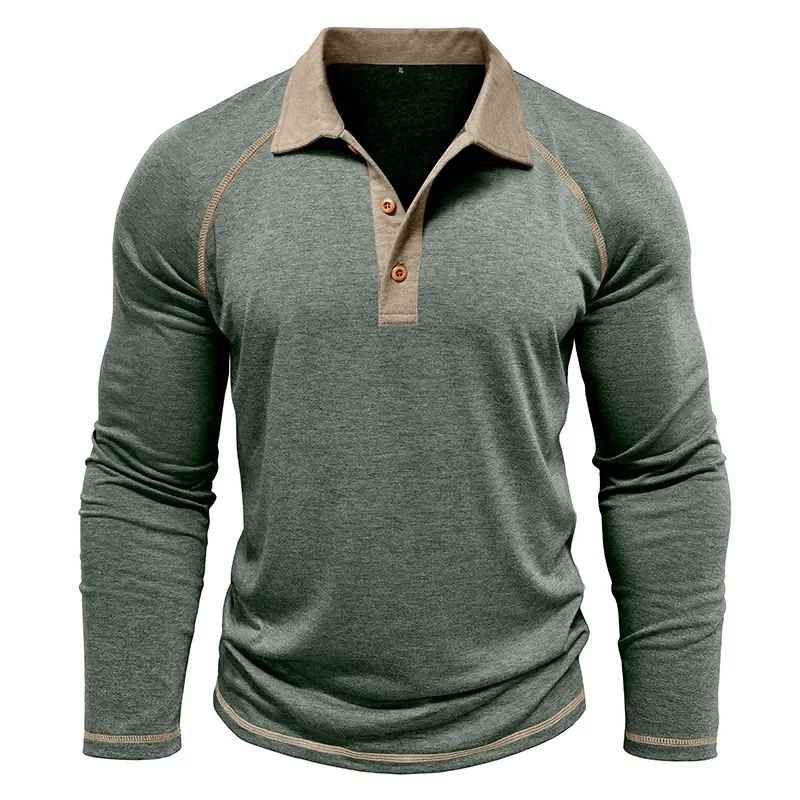 Men’s Colour Block Long-Sleeve Henley Shirt – Breathable Autumn Casual Wear