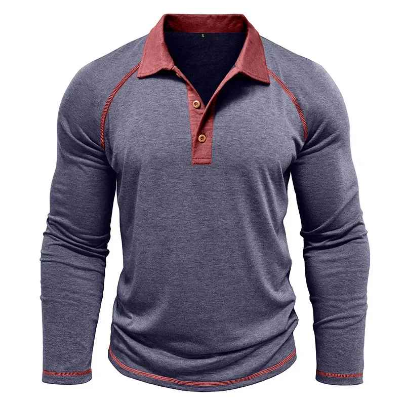 Men’s Colour Block Long-Sleeve Henley Shirt – Breathable Autumn Casual Wear