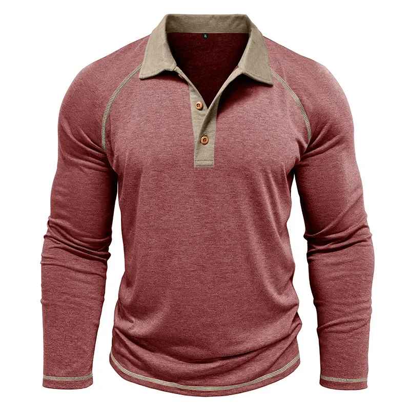 Men’s Colour Block Long-Sleeve Henley Shirt – Breathable Autumn Casual Wear