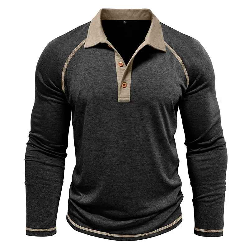 Men’s Colour Block Long-Sleeve Henley Shirt – Breathable Autumn Casual Wear